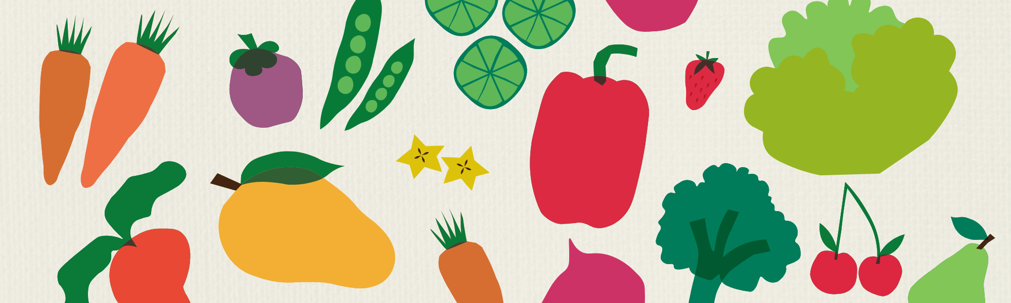 Cartoon-style fruits and vegetables in various colours on a taupe background.