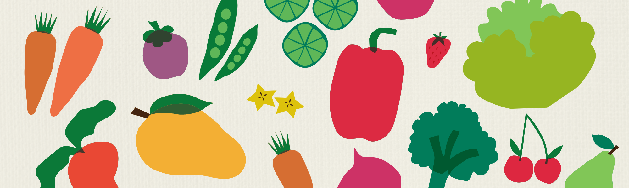 Cartoon-style fruits and vegetables in various colours on a taupe background. 