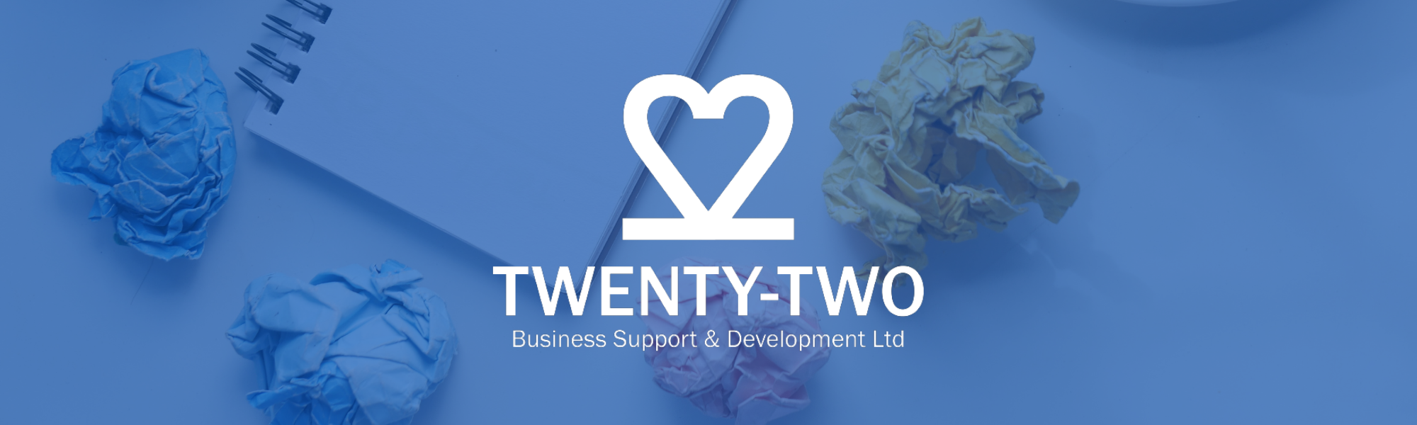 Slightly transparent blue banner with Twenty-Two Business Support & Development's white logo centred over a background image of scrunched up paper and a notepad. 