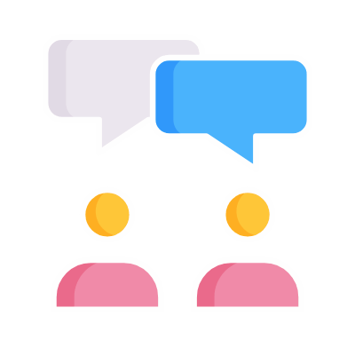 Animated icon of two people talking with speech bubbles