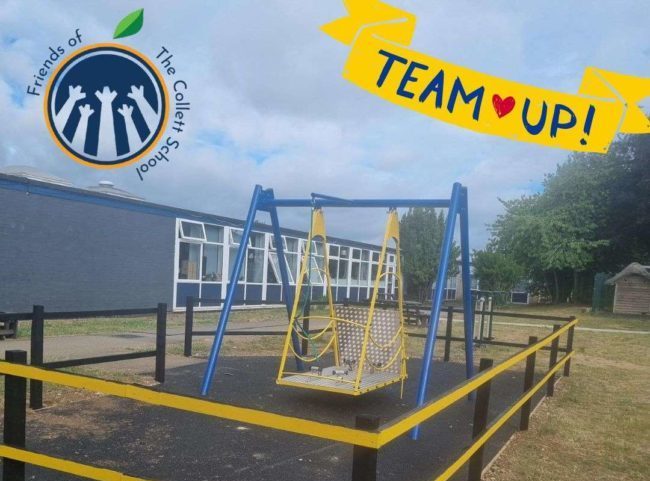 The Collett School new wheelchair accessible swing in their playground with the school logo and Team Go graphic