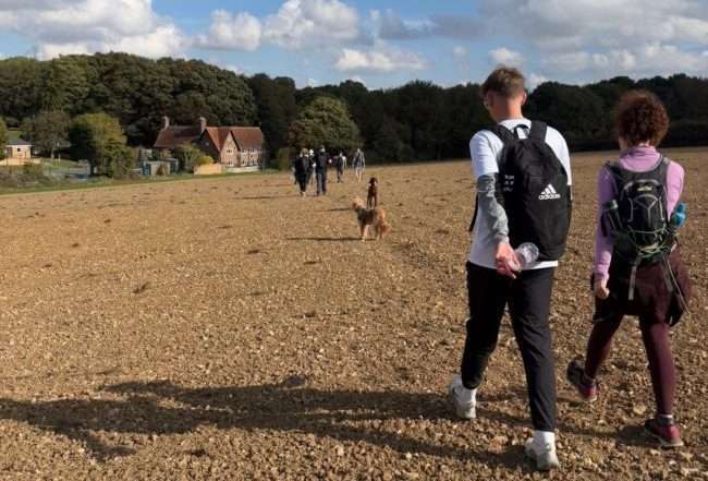Group of walkers and dogs walking over a bare field on the Helping Herts 13 mile walk for Herts Inclusive Theatre